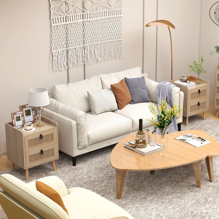 Modern End Table with Wide Top and 2 Rattan Storage Drawers - 17.5" x 15.5" x 22.5"