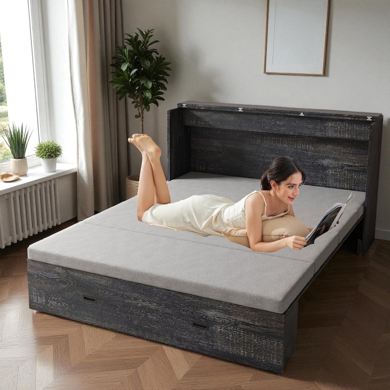 57" Murphy Bed with Storage Drawers, Charging Cabinet, Foldable Panels & Lockable Wheels, Full Size Wall Bed for Guest Room