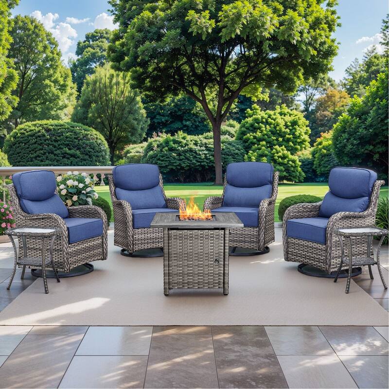 Pocassy Outdoor 6" Swivel Chairs with Fire Pit Table - 7 Pieces Swivel Chair Table with Fire Table - Grey Wicker Blue Cushion