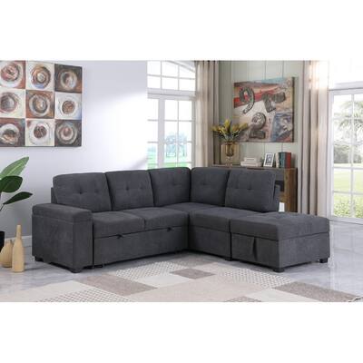 Sadie Dark Gray Woven Fabric Sleeper Sectional Sofa with Storage Ottoman, Storage Arm