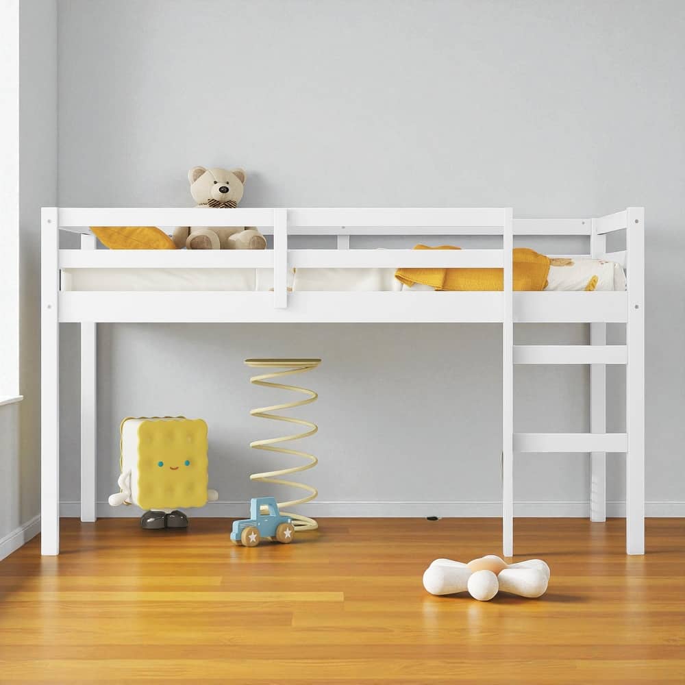 Solid Wood Twin Loft Bed with Ladder, Rubber Wood Frame Low Height Design with Guard Rails and Storage Space