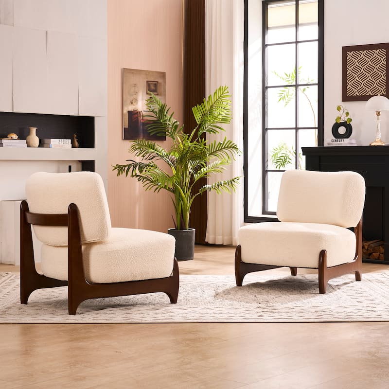 30"W Mid-Century Modern Accent Chair with Solid Wood Frame, Boucle Comfy Living Room Chair for Bedroom Lounge Reading Room