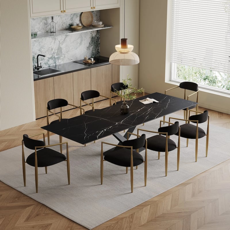 9 - Piece 94.48'' Modern Minimalist Extendable Sintered Stone Top Dining Set with 8 Fabric Chairs