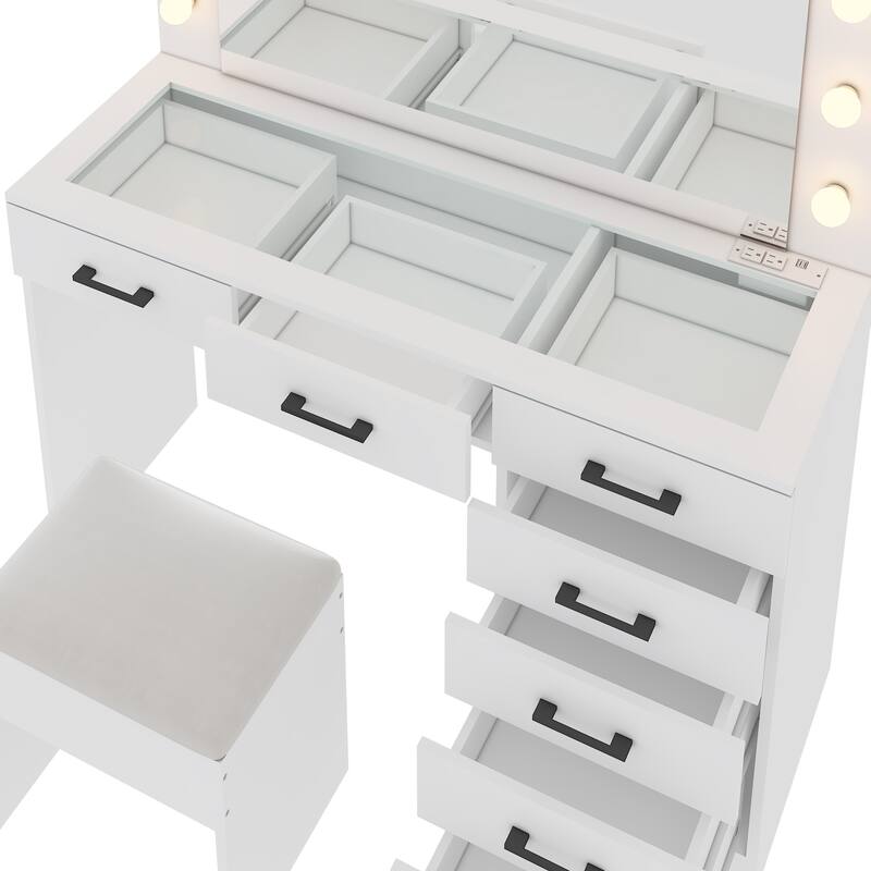 White Vanity Desk Set with LED Lighted Mirror Cushioned Stool 7 Drawers Glass Tabletop and USB Charging Station