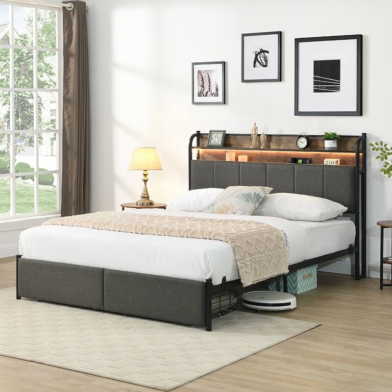 Platform Storage Bed Frame with 2 Drawers and Upholstered Headboard Built-in Charging Station, Smart LED Lights Bed Frame