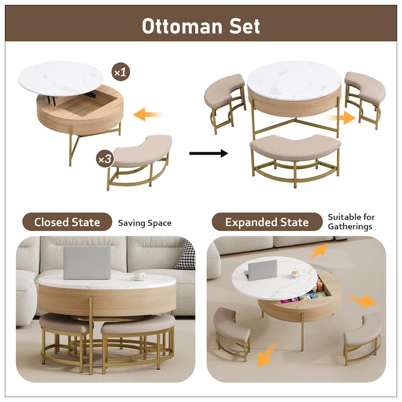 Modern Round Lift-Top Coffee Table with Storage