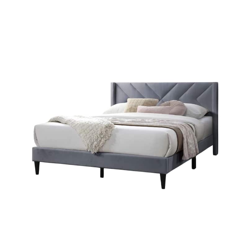Niasa Full Size Bed, Chevron Tufted Gray Velvet Upholstered Foam