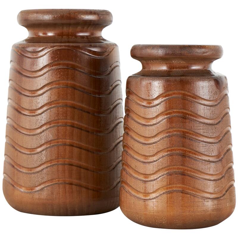 Brown Wood Decorative Vase with Carved Wavy Designs (Set of 2)