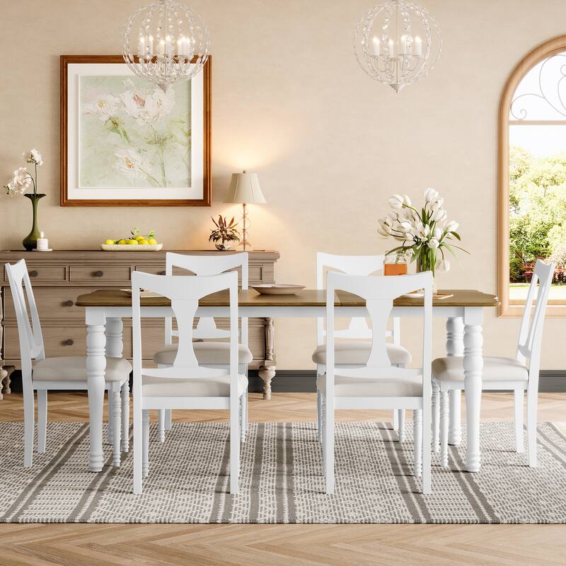 7-Piece Dining Table Set,Extendable Wood Dining Table with Removable Leaf, with 6 Upholstered Side Chair,Set of 6