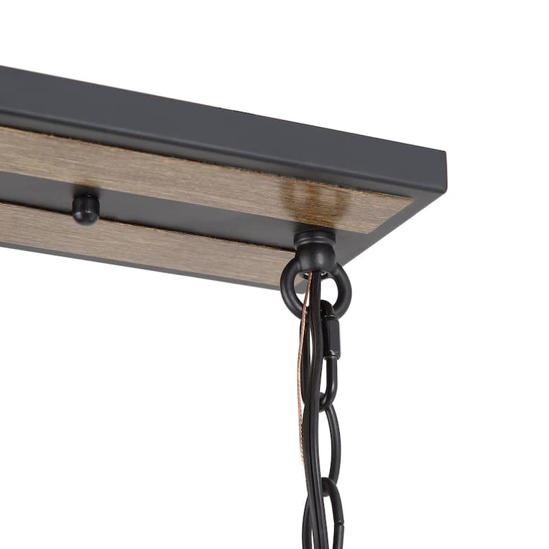 Kenid Farmhouse 5-Light 31" Matte Black and Wood Grain Linear Cage Kitchen Island Light - L32" x W5" x H11"