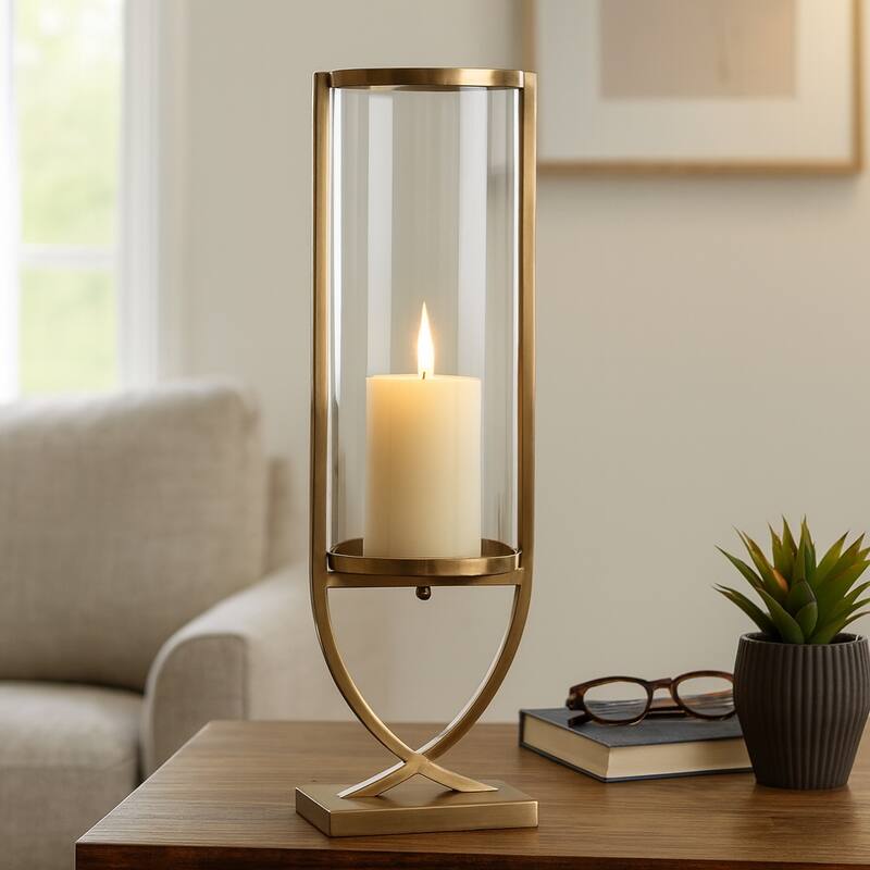 Modern Glass Pillar Candle Holder Decorative Lantern with Steel Frame - Gold/ Metallic - 27.0"