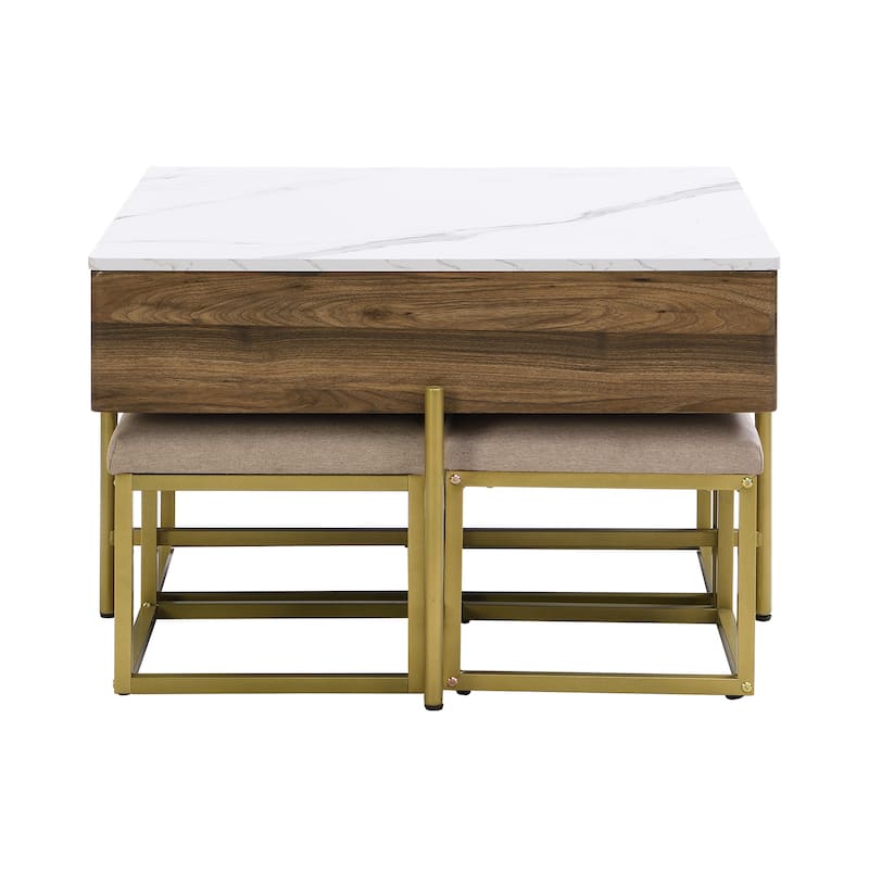 Mid-Century Lift Top Coffee Table Set, Large Square Storage Coffee Table with 4 Ottomans, Family Gathering Wooden Center Table