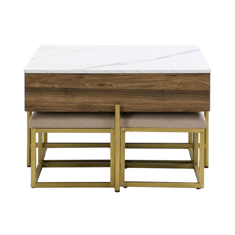 Modern Square Lift-Top Coffee Table Set With Storage & 4 Ottomans
