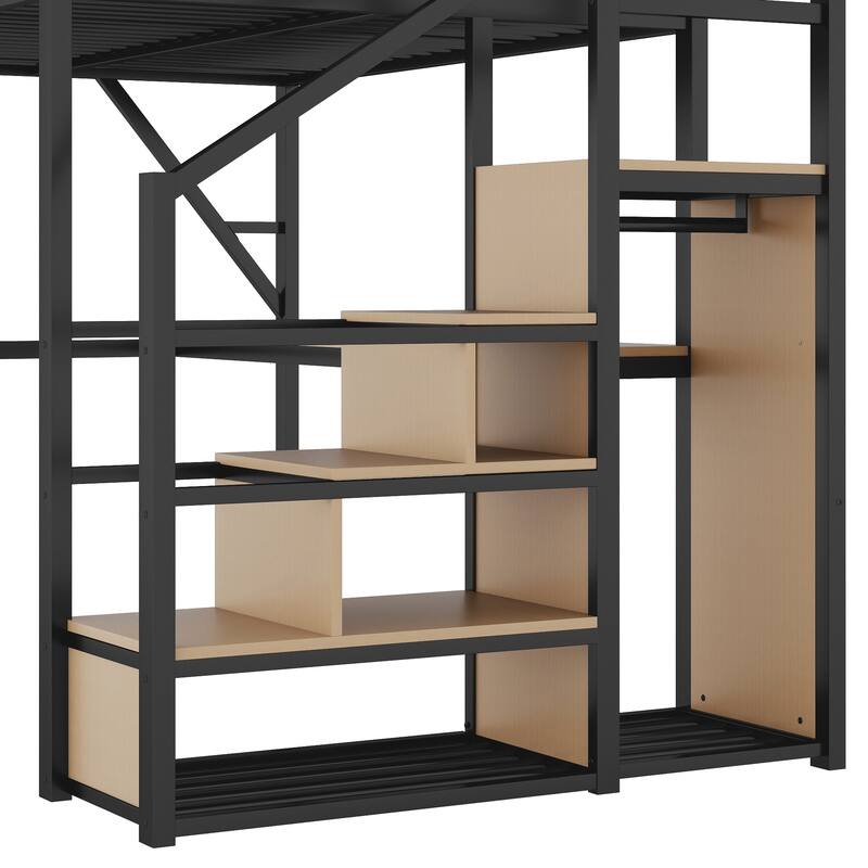 Metal Loft Bed with Storage Stairs Upper Storage Shelves and Wardrobe, Metal Structure Bed Optional Desk Charging Station