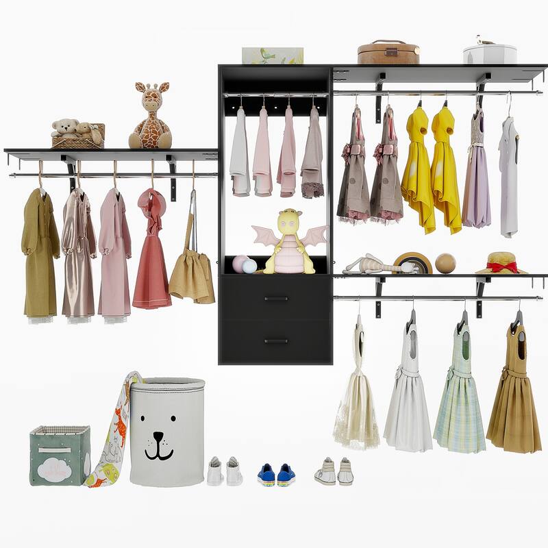 96'' Hanging Closet System with 3 Hanging Rod ＆ 3 Shelving Towers ＆ 2 Drawers,8FT Walk in Closet Organizer System