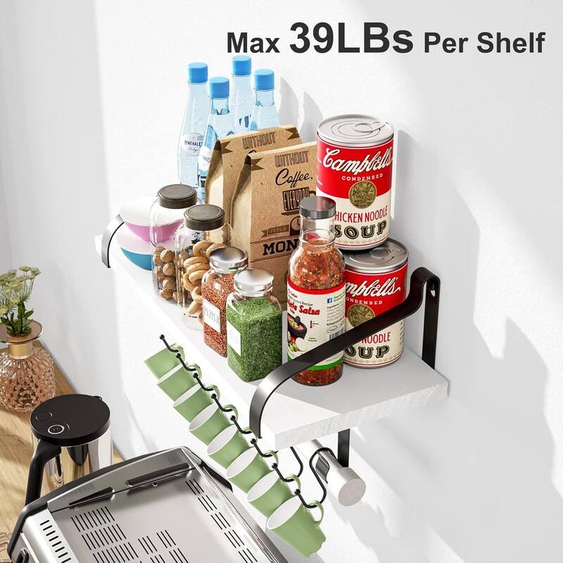 Floating Shelves for Coffee Bar,Bathroom Shelves with 8 Hooks - 7.3"D x 17.3"W x 8.27"H