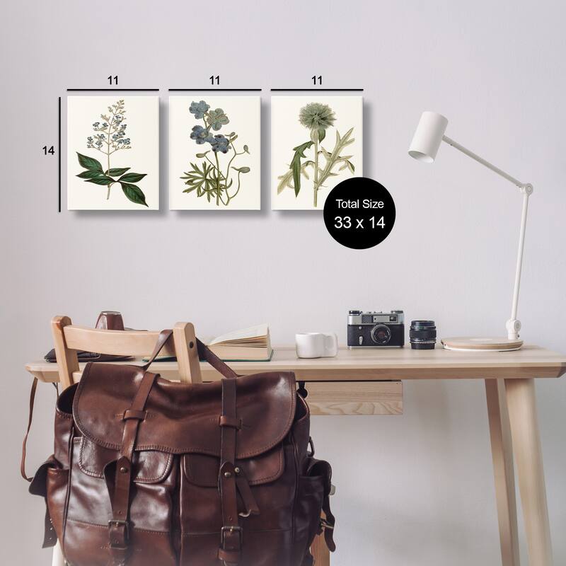 Stupell Vintage Blue Botanical Flowers on Beige, 3pc Multi Piece Canvas Wall Art Set