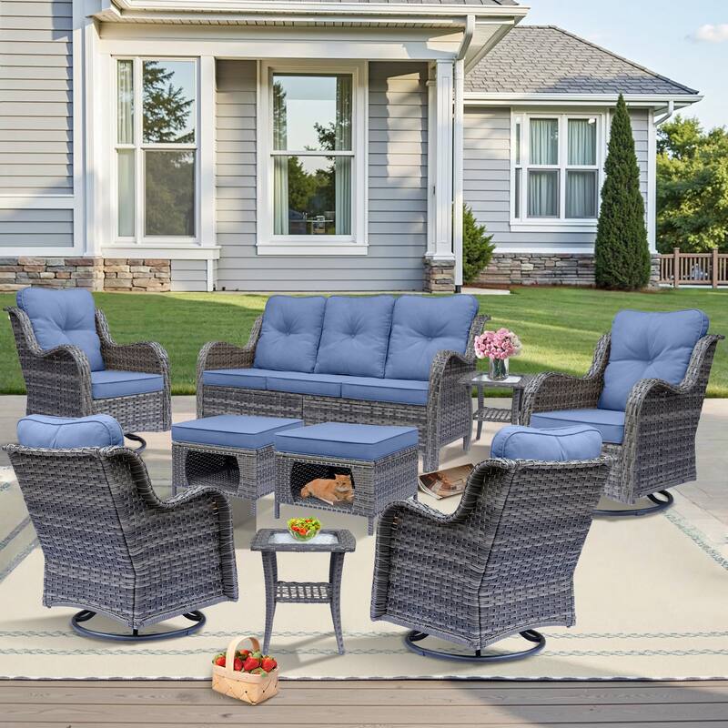 9 Piece Outdoor Patio Furniture Set Wicker Swivel Chair with Ottoman
