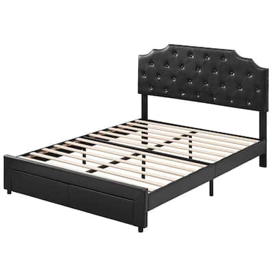 Upholstered Leather Bed Frame with 2 Storage Drawers