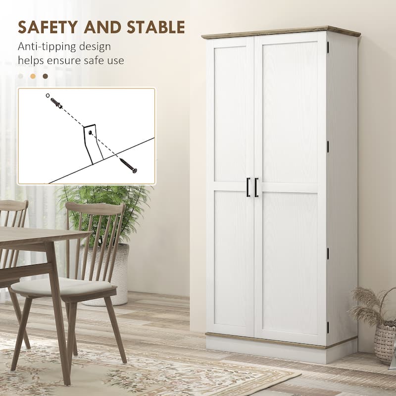 Tall Cream White Kitchen Pantry Cabinet with Adjustable Shelves and Wall Safety Anti-Tip Design - 31.5" W x 15.7" D x 69.8" H