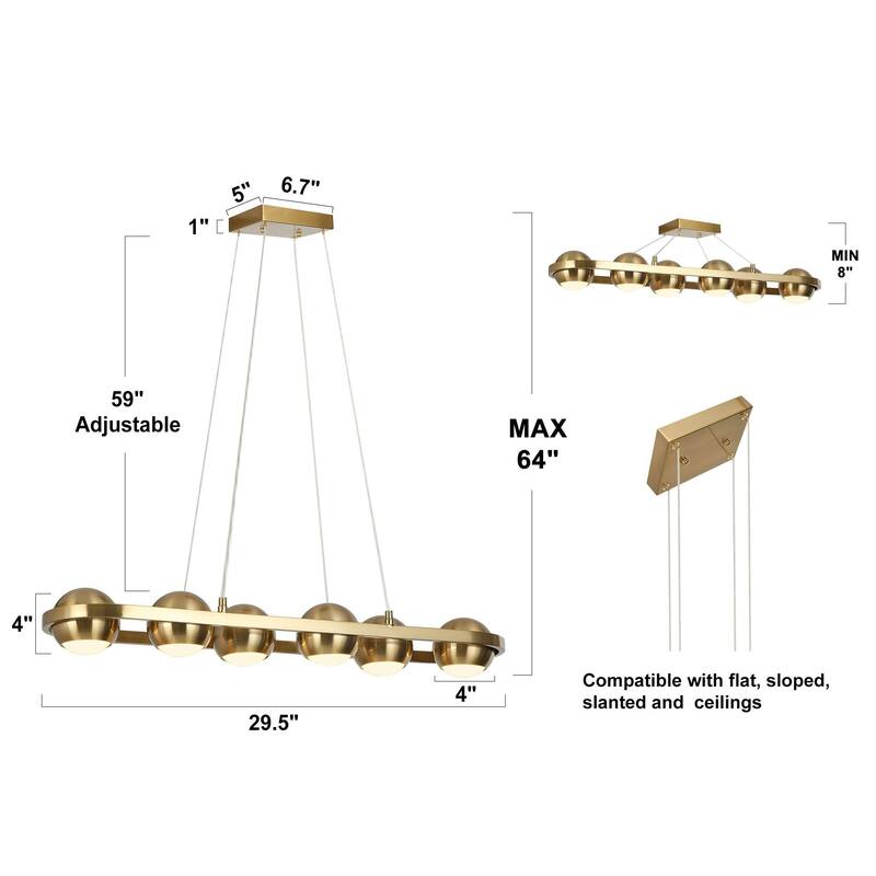 Modern 6-Light LED Gold Chandelier Linear Island Lights for Dining Room - 29.5" L x 4" H