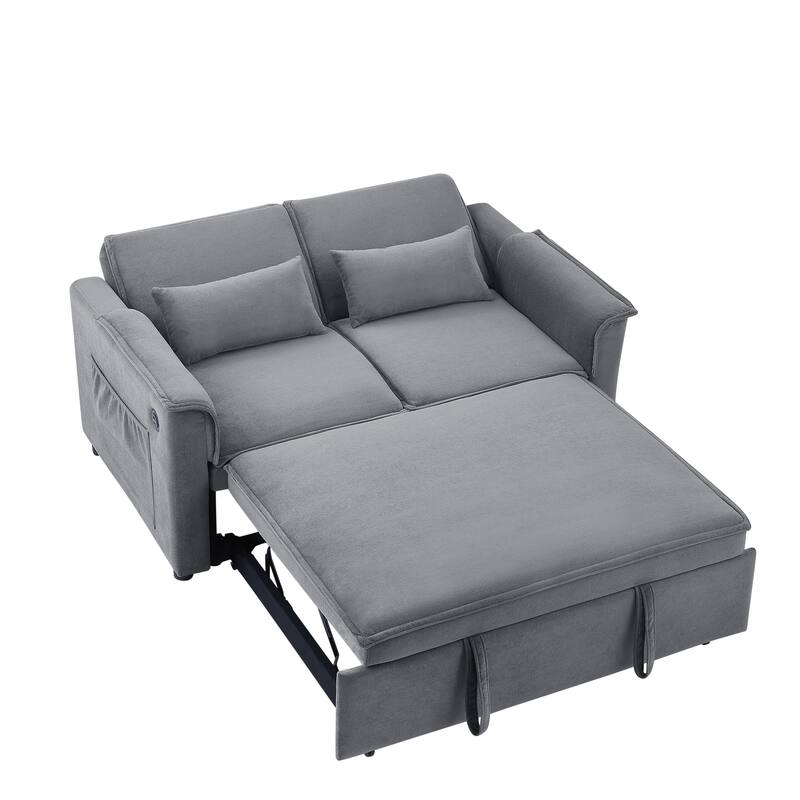 Loveseat Convertible Pull-out Sleeper Sofa Bed, Adjustable Backrest Tufted Couch with USB Ports and 2 Pillows Recliner Sofa