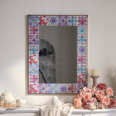 Colorful Ornate Rectangular Wall Mirror - Hand - Painted Artistic Home Decor for American Homes