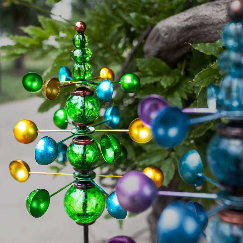 Exhart Three Tier Wind Spinner Garden Stake with Glass Crackle Balls, 14 by 48 Inches