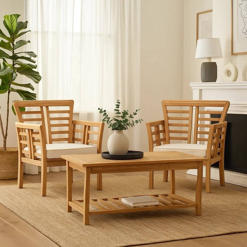 3pc Outdoor Club Chair Set w Coffee Table, Brown Wood Slatted Design