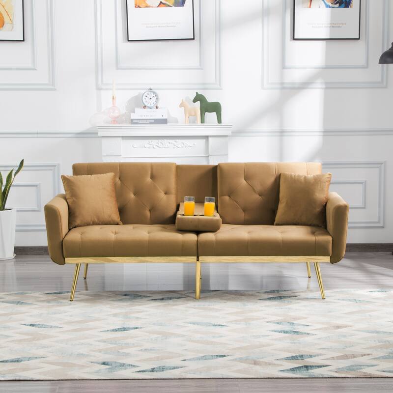 Brown Velvet Convertible Futon Sofa Bed with Adjustable Backrest and Cup Holders - Brown