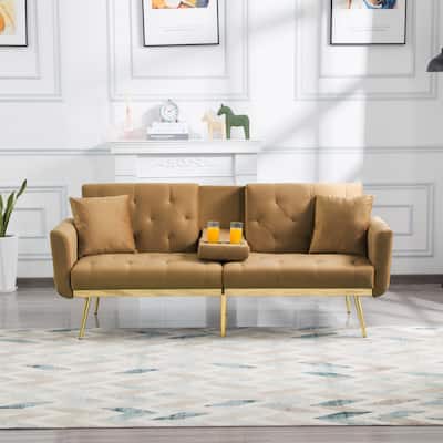 Brown Velvet Convertible Futon Sofa Bed with Adjustable Backrest and Cup Holders
