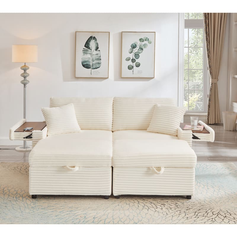 Modular Chaise Sleeper Sofa Bed, Corduroy Loveseat Couch & Storage Ottomans Set with Folding Table Boards and USB Ports - White