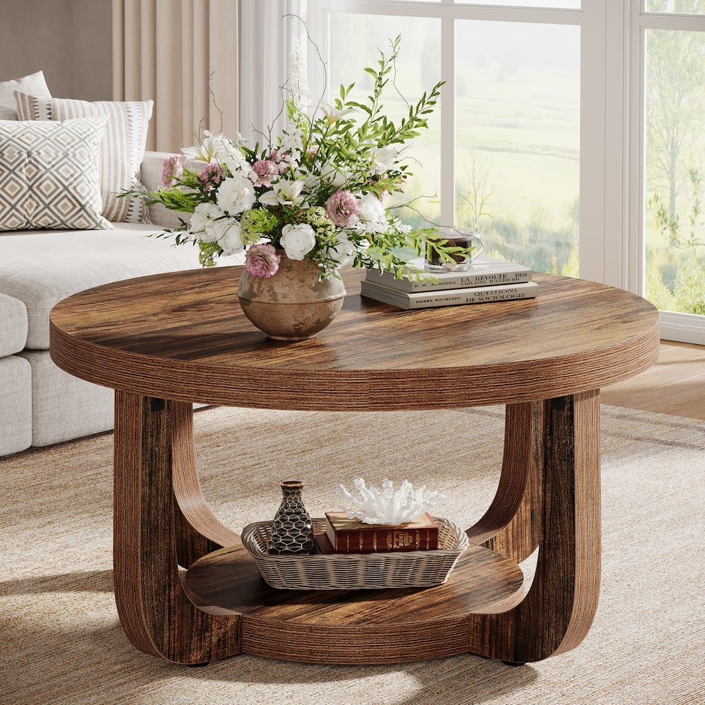 Round Coffee Table, 2-Tier Circle Coffee Table with Storage for Living Room - Large