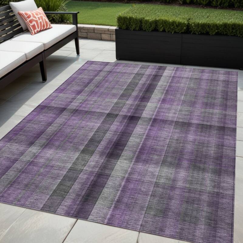Hasi Plaid Weather Resistant Blended Style Outdoor Rug - 5' X 8' - Purple