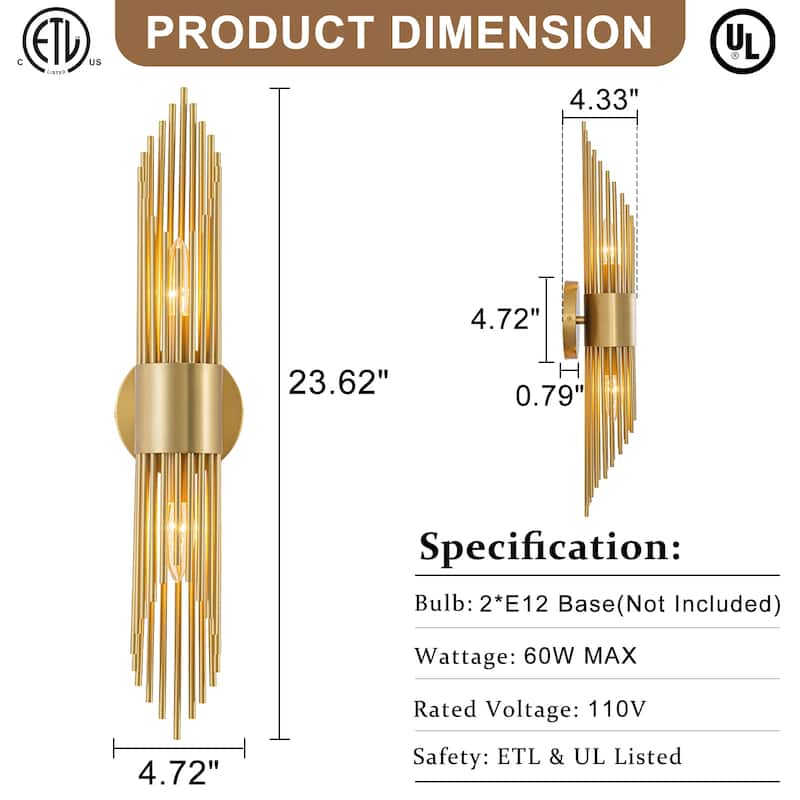 2-Light Gold Vertical Slat Wall Sconce MidCentury Modern Linear Design