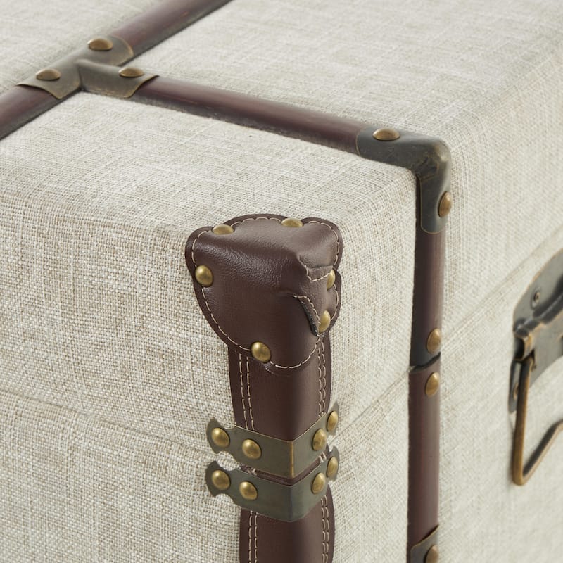 Wooden Vintage Style Storage 2 Drawer Coffee Table with Studs and Brown Faux Leather Accents - Cream - Roche River Decor