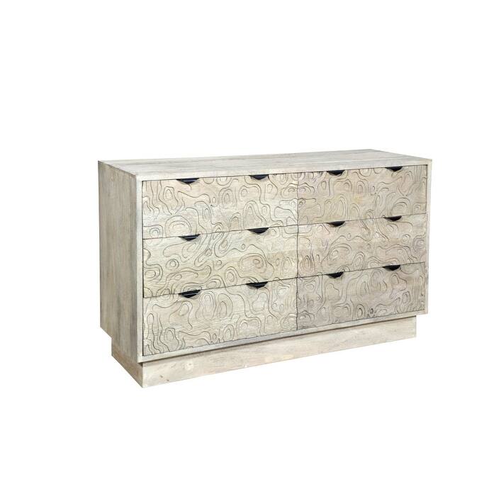 HomeRoots 57" Gray Carved Geometric Solid Wood Six Drawer Dresser