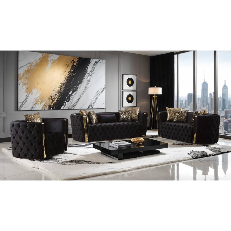 Naomi Button Tufted 2PC / 3PC Sofa Set with Velvet Fabric and Gold Accent - Black - 3 Piece