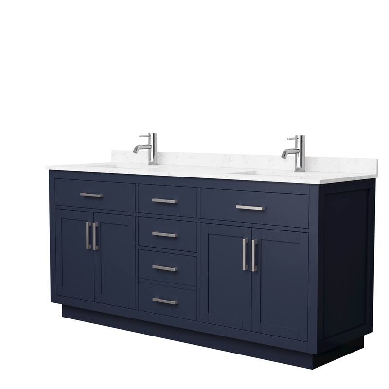 Beckett TK 72-inch Double Vanity, Cultured Marble Top - Dark Blue, Nickel Trim,Carrara Cultured Marble Top