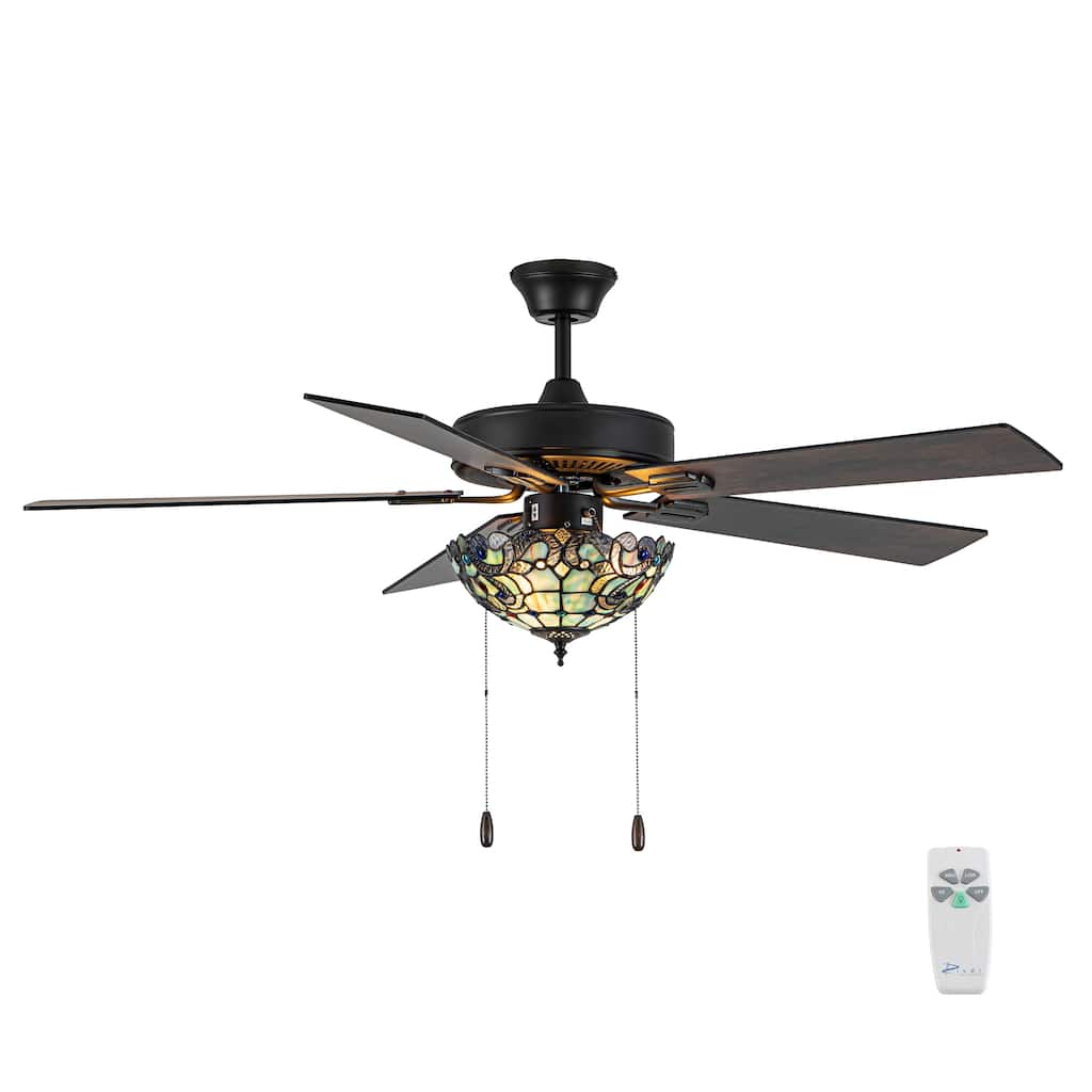 52" W Magna Carta Indoor Tiffany Stained Glass Oil Rubbed Bronze Ceiling Fan with Remote Control