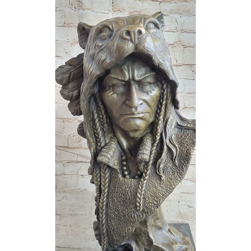 Native American Indian Chief Warrior In Bear Headdress Bonnet - Bronze Sculpture By Milo