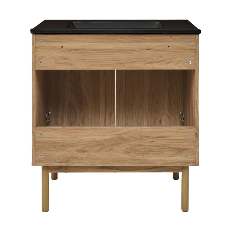 Classe 30 In. Brown Oak Bathroom Vanity With Black, 3-Hole Ceramic Sink Top