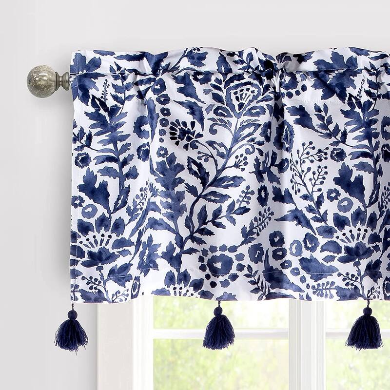 DriftAway Julia Watercolor Blooming Flower Floral Lined Window Curtain Valance with Handmade Tassels - 52" Width X 18" Length - 52" Width X 18" Length - Navy