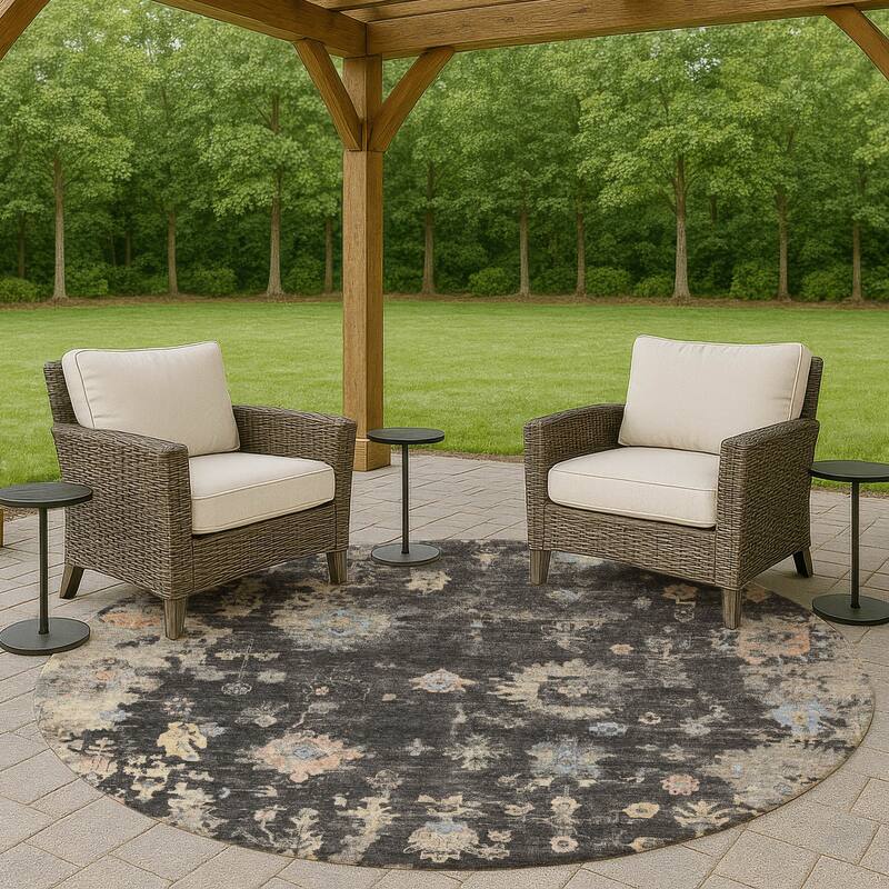 Machine Washable Indoor/ Outdoor Vintage Traditional Chantille Rug - Charcoal - 8' x 8'
