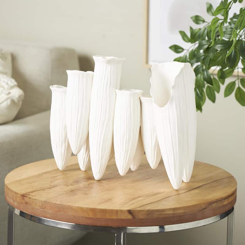 White or Black Ceramic Floral Inspired Abstract Decorative Vase with Linear Grooves and 10 Openings - White