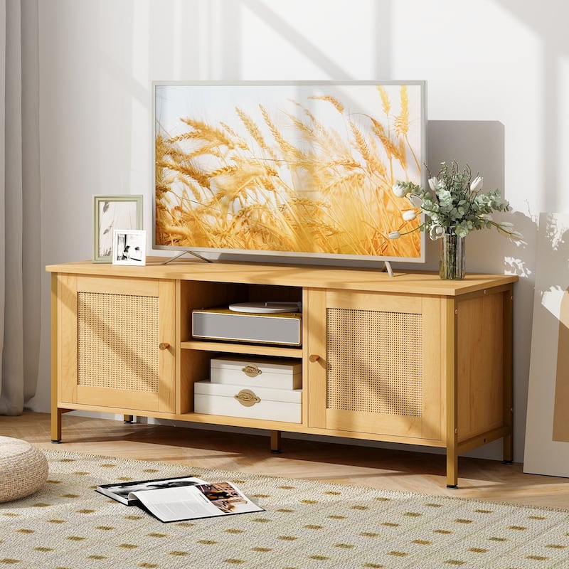 Natural Engineered Wood TV Stand with Faux Rattan Doors, Metal Feet and Storage Shelves - 48" x 16" x 19"(L x W x H)