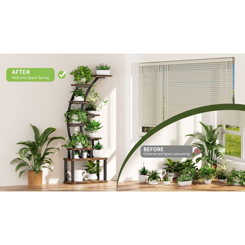 9-Tier Indoor Curved Design Plant Stand with Grow Lights Black Metal Frame and Particleboard Shelves - 20.6”L x 11.2”W x 63.5”H
