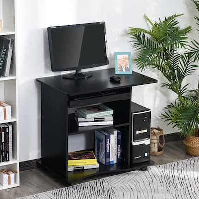 HOMCOM Mobile Computer Desk Office Table Workstation with Sliding Keyboard, Adjustable Shelves, CPU Stand Black Wood Grain