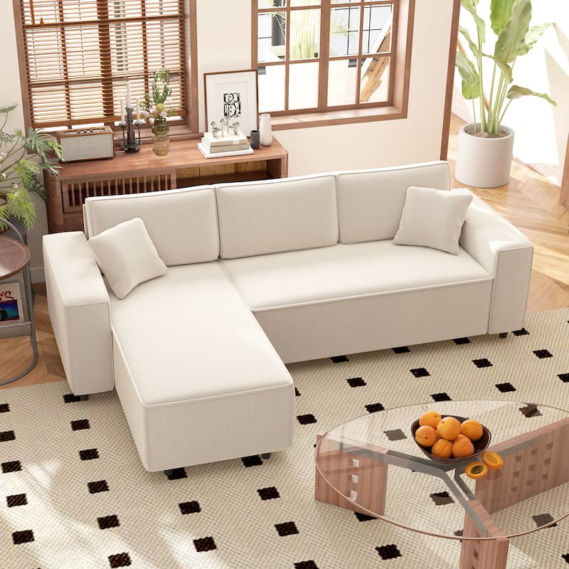 HOMCOM 95" Sectional Sofa with Reversible Chaise Lounge, L-Shaped Corner Sofa with Corduroy Fabric, Pocket Spring, 2 Pillows
