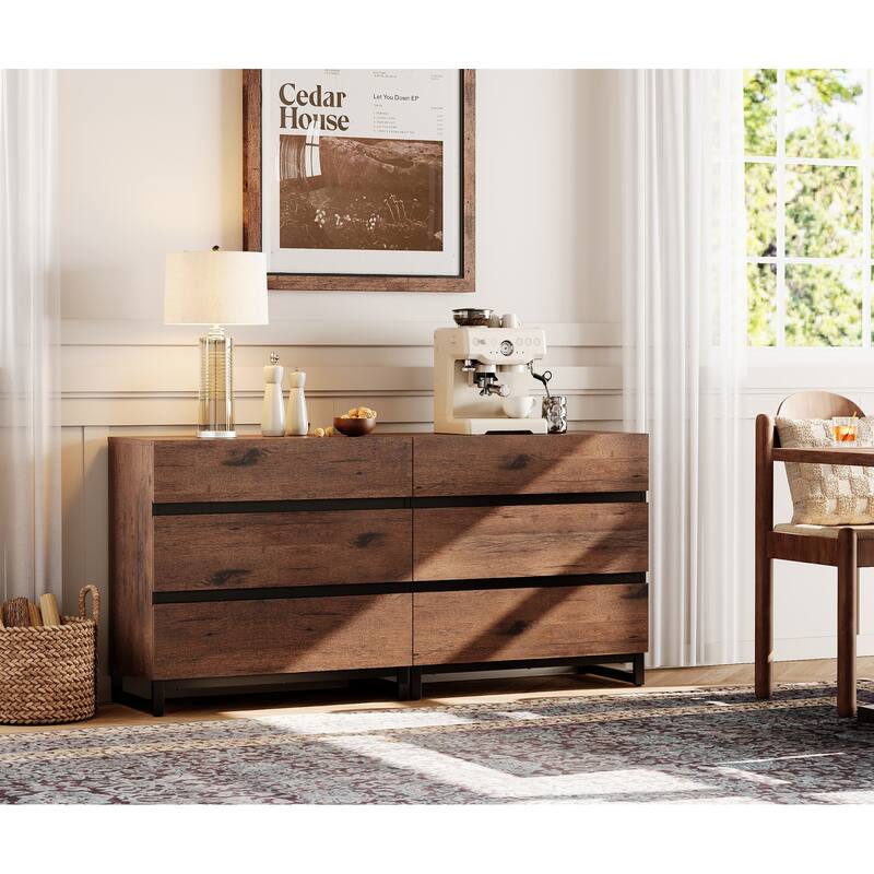 WAMPAT Modern Drawer Dresser, Wooden Chest with Metal Base, Versatile Storage and Closet Organizer for Bedroom, Living Room - Brown - 6-drawer